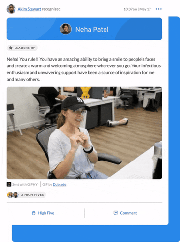 Example recognition from Akim Stewart to Neha Patel that features a "You're Awesome" gif.