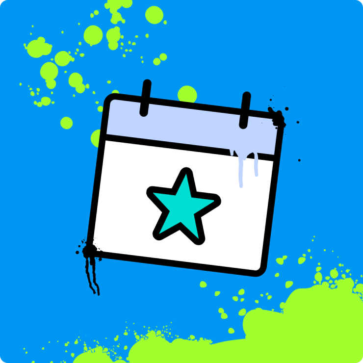 Simple graphic of a calendar with a blue star in the center, set against a vibrant blue background splattered with green paint effects.