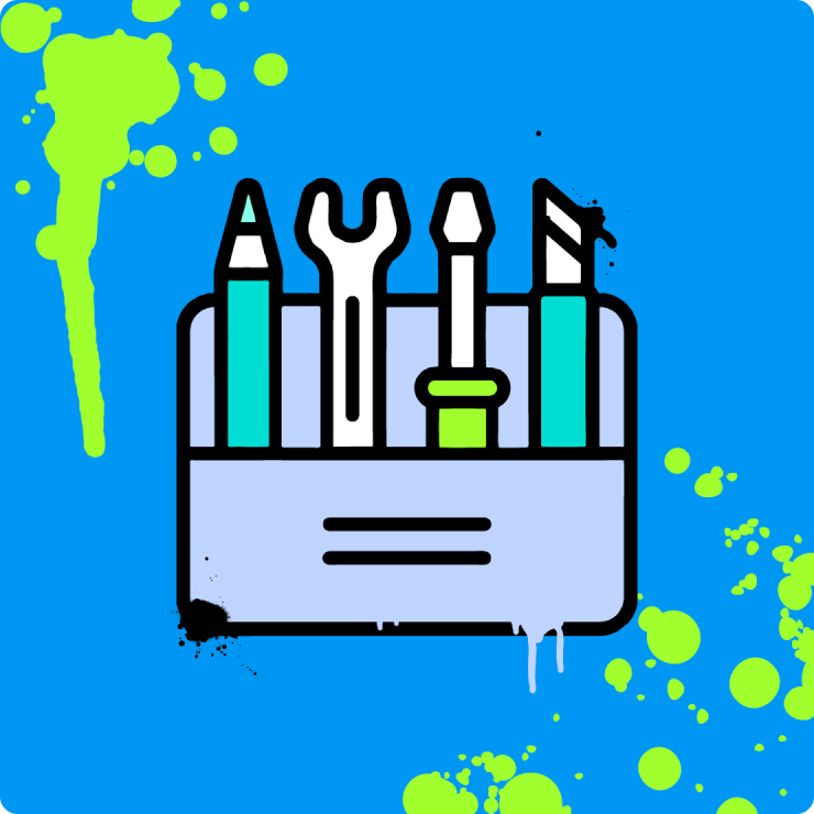 Illustration of a toolkit containing a pencil, wrench, screwdriver, and knife, displayed on a splatter-painted blue background with green paint effects.